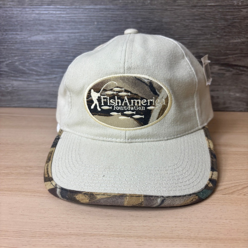 Fish American Foundation Hat Cap Strap Back Beige Fishing Outdoors‎ Adjustable
